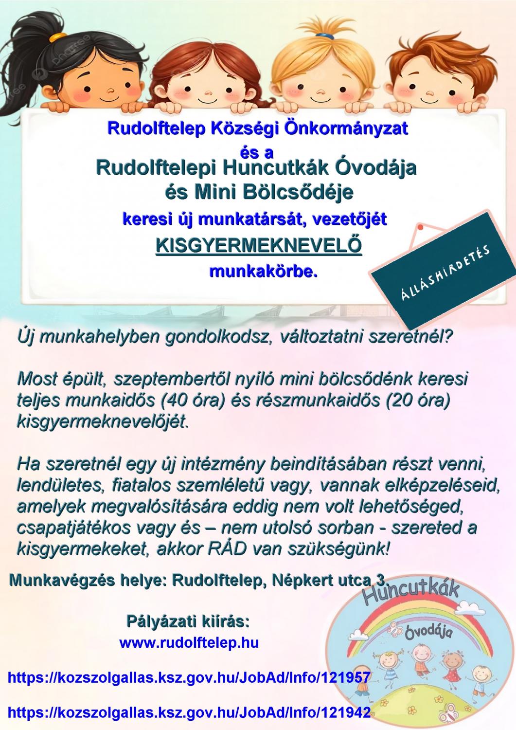 Álláspályázat Rudolftelepi Huncutkák Óvodája-Kisgyermeknevelő