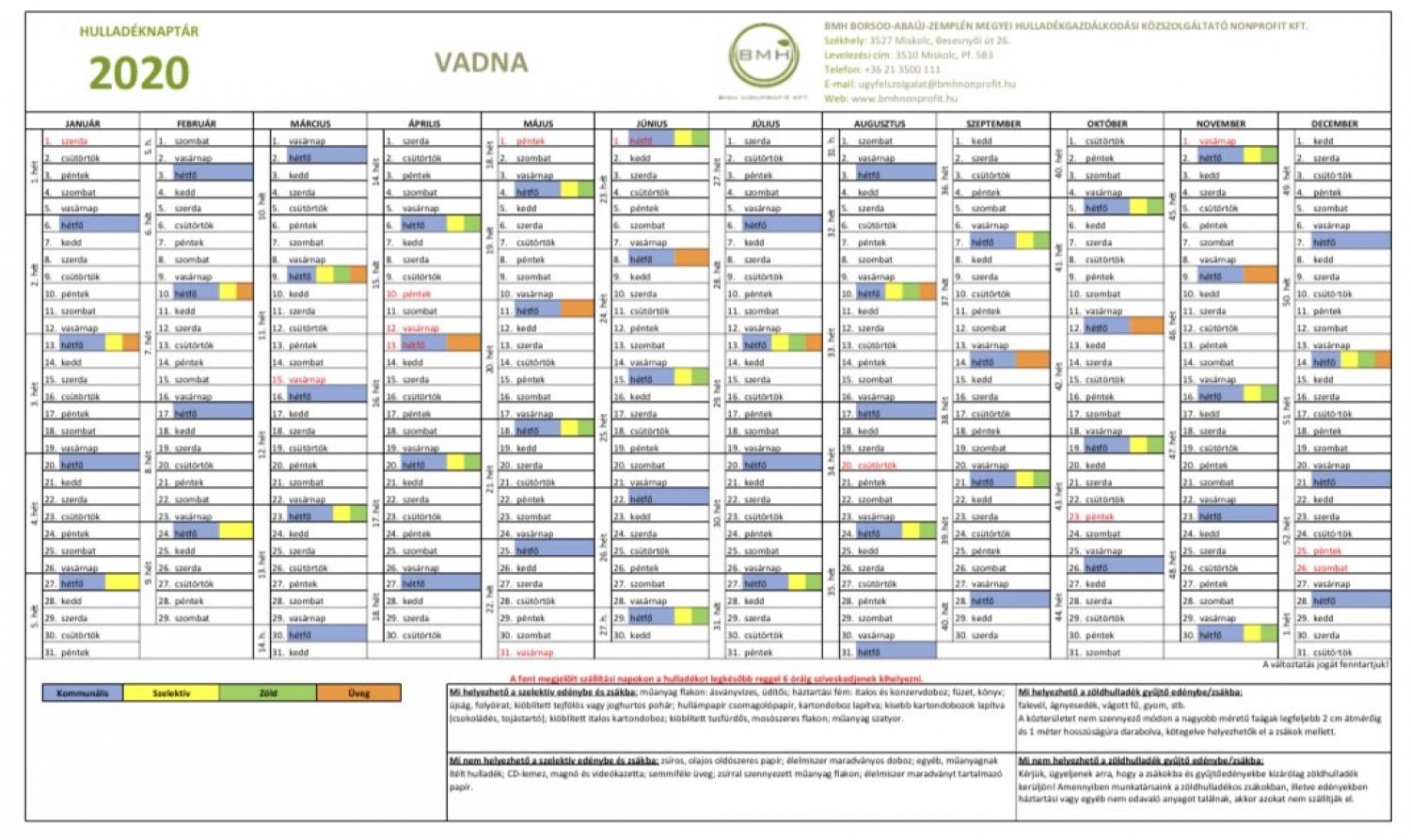 2020-as év Hulladékszállítási rendje