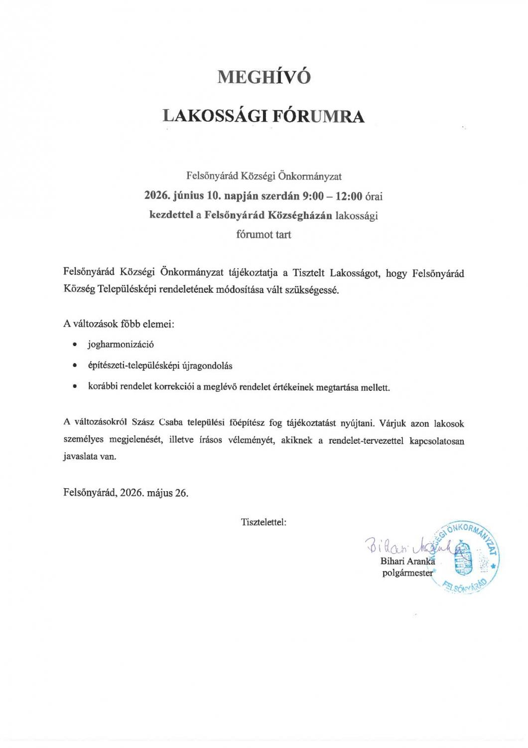 Meghívó lakossági fórumra