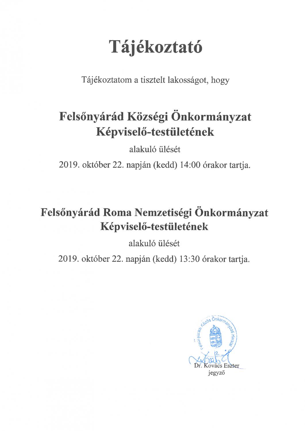 Felsőnyárád Községi Önkormányzat Képviselő-testületének és Roma Nemzetiségi Önkormányzat Képviselő-testületének alakuló ülése