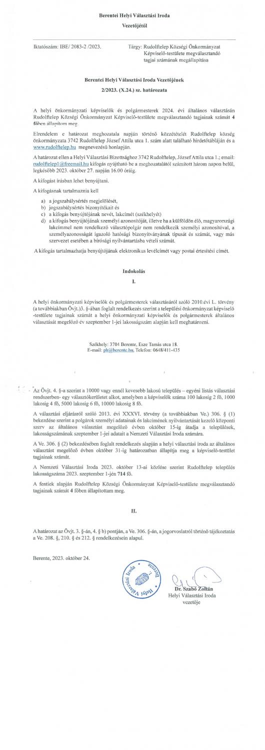 Rudolftelep Községi Önkormányzat Képviselő-testülete megválasztandó tagjai számának megállapítása
