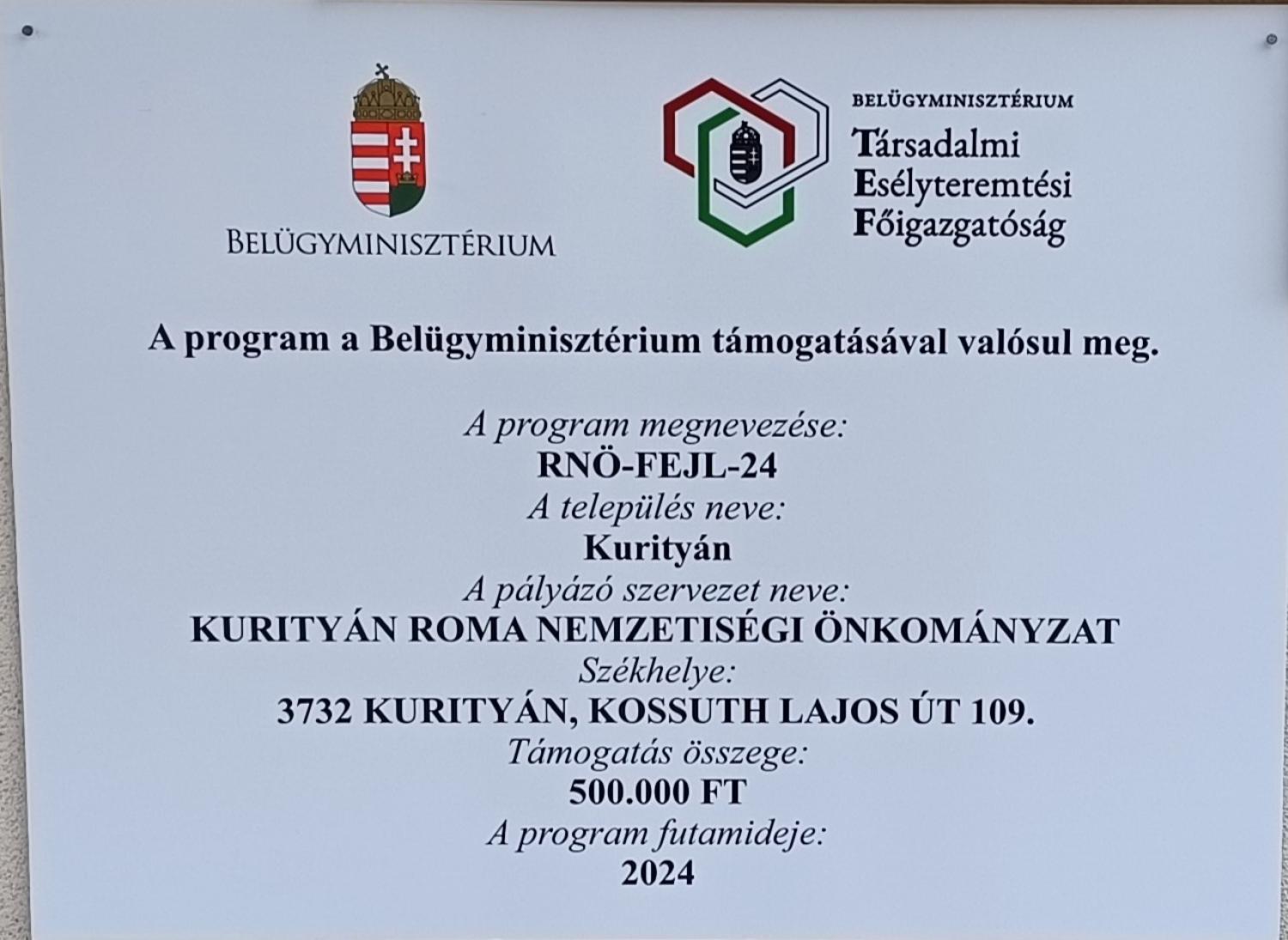 Kurityáni Roma Nemzetiségi Önkormányzat Támogatást nyert!